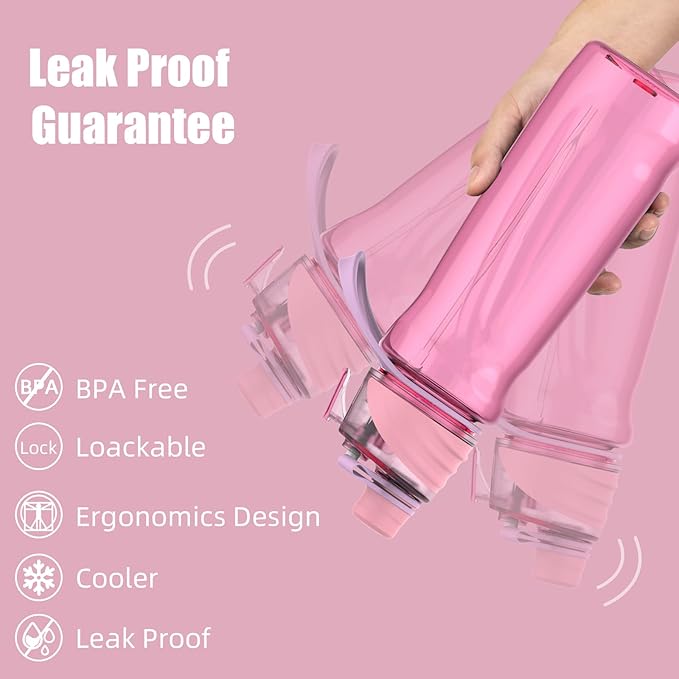 FEIJIAN Mist Water Bottle,22oz Sports Water Bottle with 2-IN-1 Mist & Sip Function, BPA-Free Plastic Water Bottles, Misting Water Bottle, Leakproof & Lightweight, Ideal for Fitness and Outdoor, Pink