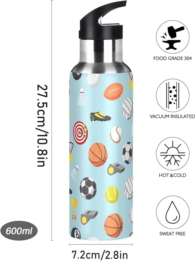 Sport balls Stainless Steel Water Bottle with Straw Lid - 20 Oz Sports Insulated Water Bottle Thermos for Sport Gym Outdoor Travel School