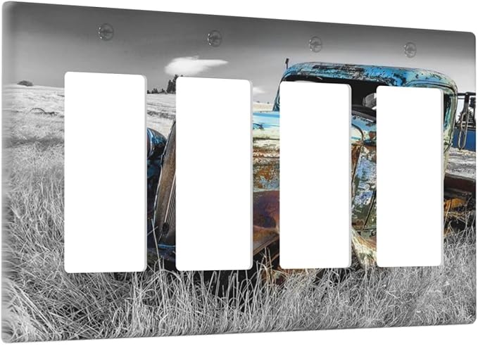 Vintage Country Old Blue Truck 4 Gang Rocker Decora Light Switch Cover Rustic Decorative Outlet Covers Wall Plate Electrical Faceplate Switchplate GFCI for Farmhouse Bedroom Livingroom Decor