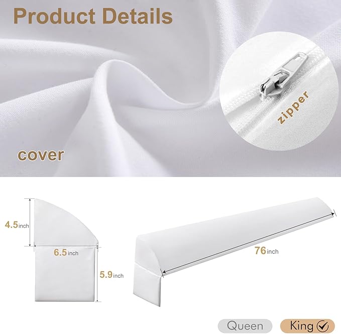 Vekkia King Bed Wedge Pillow for Headboard/Wedge Pillow Headboard/Bed Gap Filler/Headboard Pillow,Pillow Wedge for Headboard Gap,Stop Loosing Your Pillows,Phone&Glasses(White 76"x6.5"x4.5")