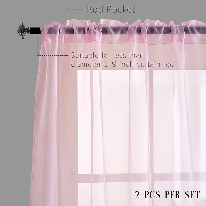 Pink Sheer Voile Curtains Short Solid Color Window Treatment 63 Inches Long Panels Rod Pocket Baby Pink sheers for Bedroom Girls Living Room 2 Panels Set 52x63
