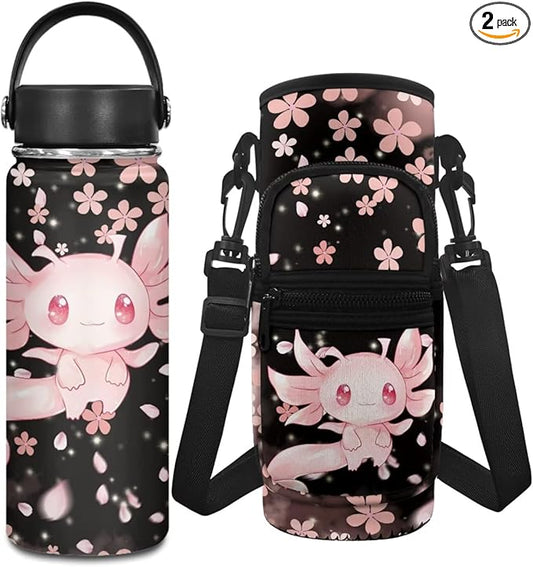 Axolotl Girls Insulated Water Bottle 20 OZ Cherry Blossom 2 Pcs Water Bottle Holder Carrier Sling Water Bottle Pouch Sleeve Reusable Water Bottle