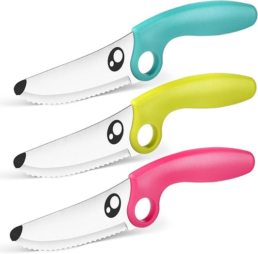 Kids Knife Set for Real Cooking 3 Pieces Set with Educational Ring, Rounded Tip, Toddler Safe Montessori Knife for Cutting Training
