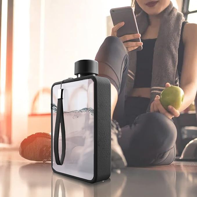 Flat Water Bottle, Portable A5 Water Bottle, 13oz Flat Travel Flask for Camping Fitness Gym (Black)