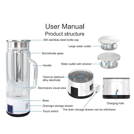 Hydrogen Water Bottle, 1000ml Hydrogen Water Bottle Generator with Quick Electrolysis, Tea Infuser, Touch Switch, High Borosilicate Glass, Handle, for Home
