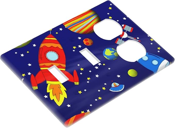 Space Astronaut Combo 2 Toggle 1 Duplex Outlet Light Switch Wall Plate Cover Decorative 3-Gang for Electrical Boys Kids Room Bathroom Bedroom Home Kitchen One Receptacle 4.5" x 6.38"