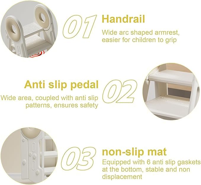 Step Stool for Kids Toddler, Adjustable 3 Folding, Learning Helper Stool for Bathroom Sink Toilet Potty Kitchen Counter with Handles and Non-Slip Pads(Khaki)