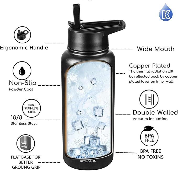 Water Bottle Insulated 32oz Straw Lid, Leak Proof, Vacuum Insulated,Stainless Steel Water Bottle Wide Mouth for Sports, Gym, BPA-Free Keep Cold 24H Hot 12H (BLACK)