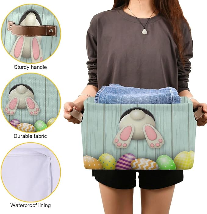 Easter Day Bunny Tail Eggs Storage Basket Fabric Laundry Baskets Happy Easter Rabbit Spring Storage Boxes Organizer Bag for Baby Cloth Dog Toy Book Storage Cubes Shelf Closet Bins 16×12×8 Inches
