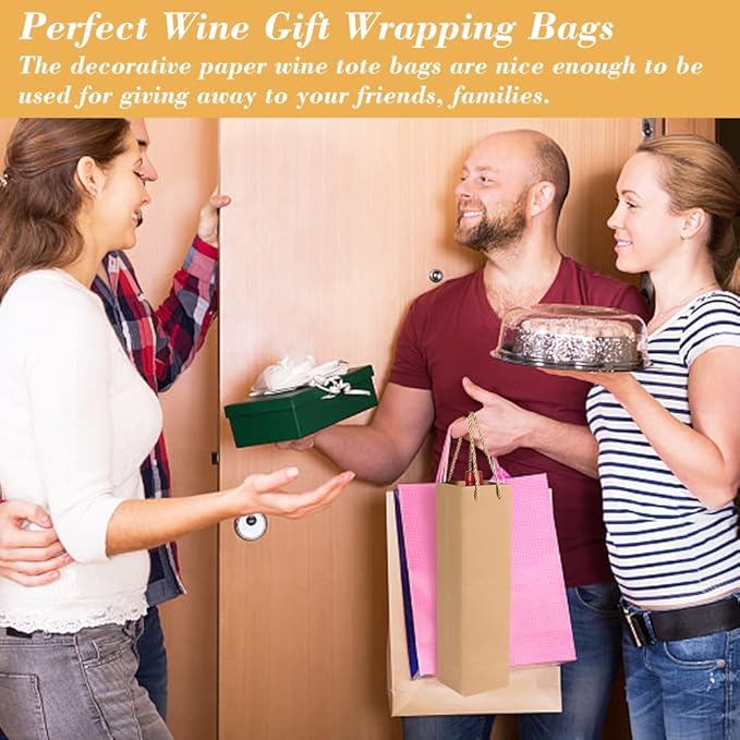 HRX Package Premium Kraft Paper Wine Gift Bags with Handles, 12PCS Sturdy Single Bottle Wine Holder Tote Bag for Christmas, Party, Shopping, Retail Merchandise (Brown)