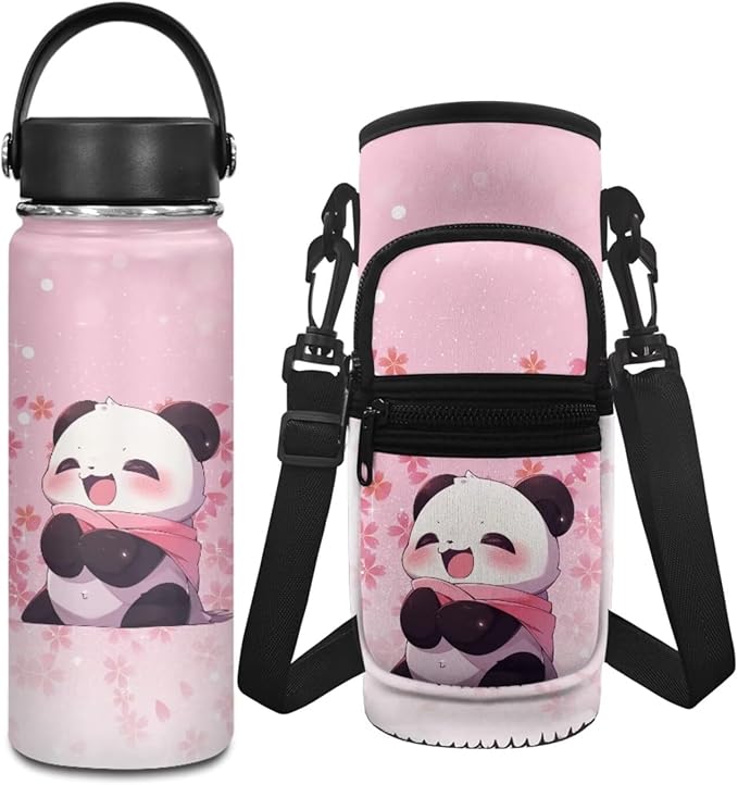 Panda Water Bottle for Girls 4-6/6-8 Pink 2 Pcs Water Bottle Holder Carrier Sling Water Bottle Pouch Sleeve Water Bottle Carrier Bag