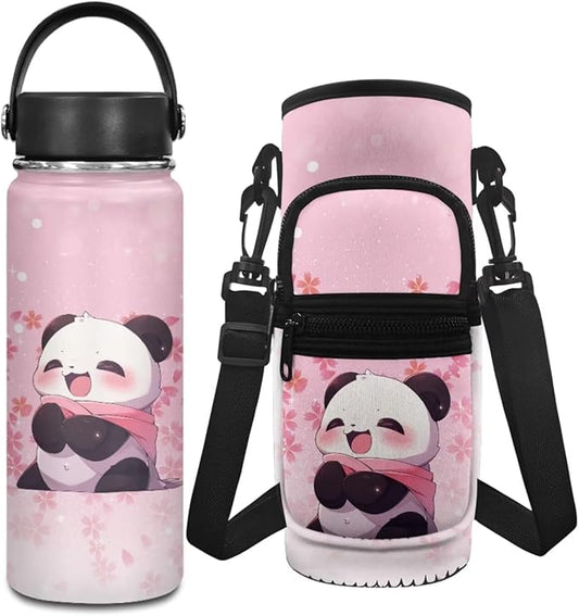 Panda Water Bottle for Girls 4-6/6-8 Pink 2 Pcs Water Bottle Holder Carrier Sling Water Bottle Pouch Sleeve Water Bottle Carrier Bag