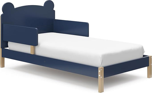 Storkcraft Teddy Bear Toddler Bed (Midnight Blue with Driftwood) - GREENGUARD Gold Certified, includes Toddler Safety Guardrails, Fits Standard Crib & Toddler Mattress, Stylish 2-Tone Design
