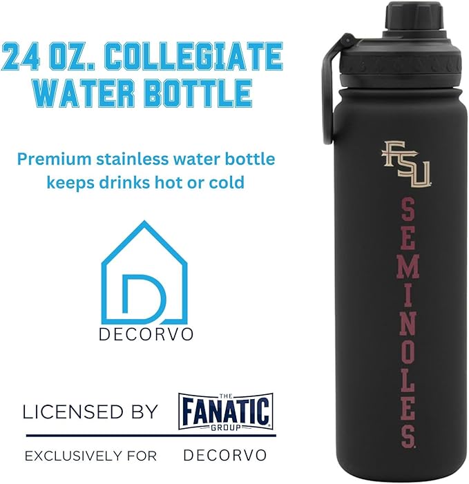 FSU Seminoles Water Bottle - Black Double Walled Stainless Steel 24 oz Keeps Drinks Cold or Hot