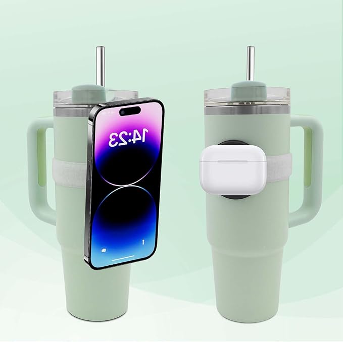 Watter Bottle with Magsafe Phone Holder, Magnetic Holder Adjustable Strap Compatible with Stanley Tumbler Cup Owala 32oz for iPhone Android Devices 2x Metal Iron Ring (White)