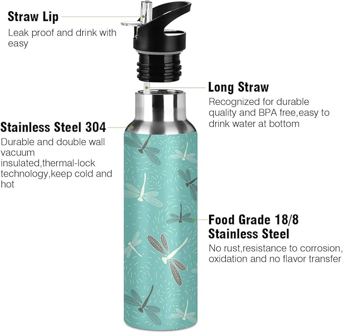 Blueangle Dragonfly Summer Green Sports Water Bottle, BPA-Free Stainless Steel Water Bottle with Straw, Leakproof, 22oz Bottle for Outdoor Hiking Camping Travel