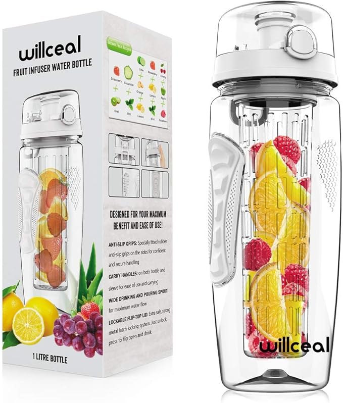 Fruit Infuser Water Bottle 32oz- Durable, Large - BPA Free Tritan, Flip Lid, Leak Proof Design - Sports, Camping