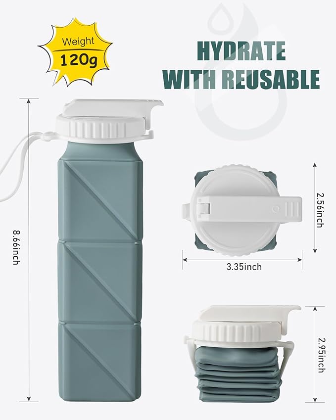 Opard Collapsible Water Bottles 21 Oz - BPA Free, Leak Proof, Foldable Silicone Collapse Water Bottle with Straw, Easy to Compact and Expandable, Travel Essentials Accessories (Blue)