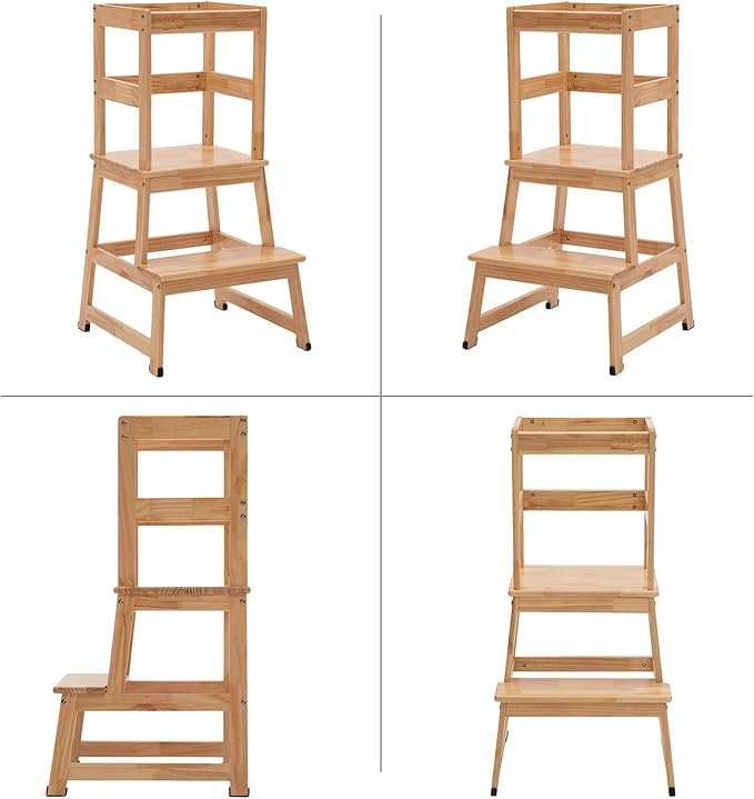 Kitchen Step Stool for Toddlers and Kids with Safety Rails for Kitchen Counter Solid Wood (Natural)