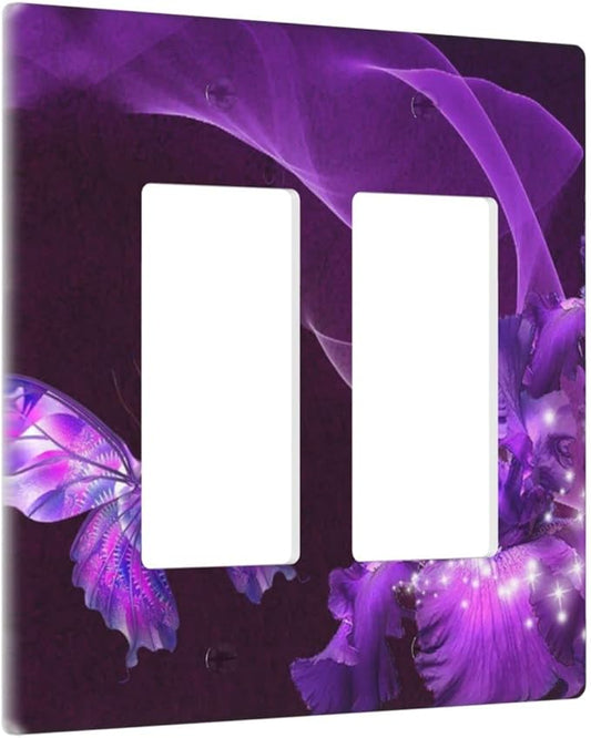 Purple Butterfly Flower Double Rocker Light Switch Wall Plate Cover Decorative 2-Gang for Outlet Girls Room Bathroom Bedroom Home Kitchen Two Decora Receptacle Polycarbonate Power Gear 4.5" x 4.6"
