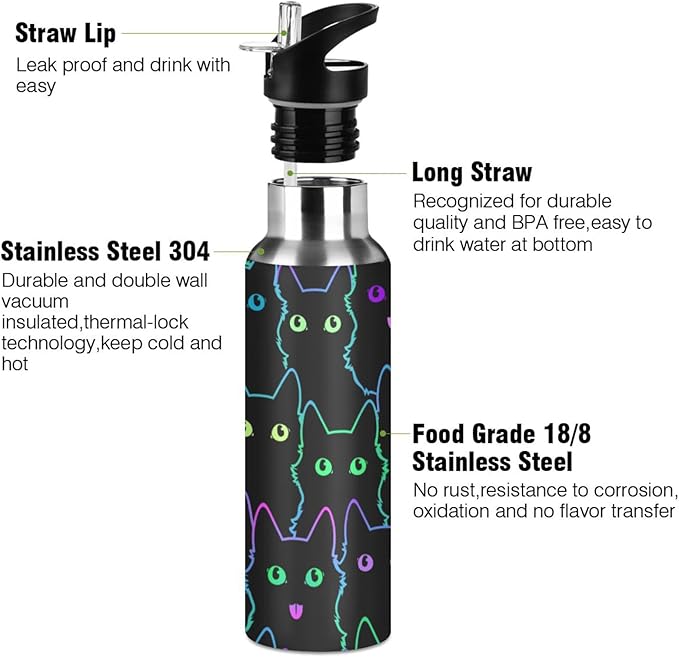 senya 34 Oz Water Bottle with Straw Colorful Neon Cat Stainless Steel Water Bottle for Traveling Sports Leakproof Insulated Water Bottle