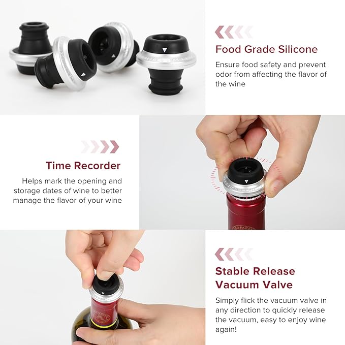 Beneno Wine Saver Vacuum Pump with 4 Wine Stoppers Keep Wine Fresh, Silicone Wine Bottle Stopper Wine Sealer Preserver, Ideal Wine Saver Accessories Gift