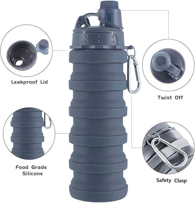 Collapsible Water Bottles 2 pack Travel Water Bottle Portable Hiking Water Bottle with Leak proof Twist Cap 500ML Reusable BPA Free Silicone Water Bottles (Style1, Black+Purple)