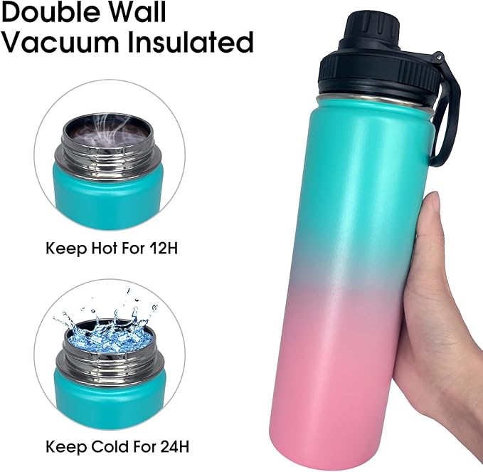 4pack 22 oz Insulated Water Bottle With Straw, Stainless Steel Sports Water Cup Flask with 2 Lids, Wide Mouth Travel Thermal Mug,Pink gradient