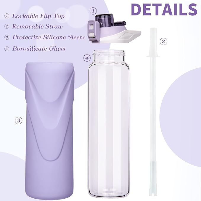 32 oz Sports Glass Water Bottle with Straw & Silicone Sleeve Reusable BPA-free Borosilicate Glass Drinking Bottle with Flip Top Lid & Handle Wide Mouth (Light Violet)