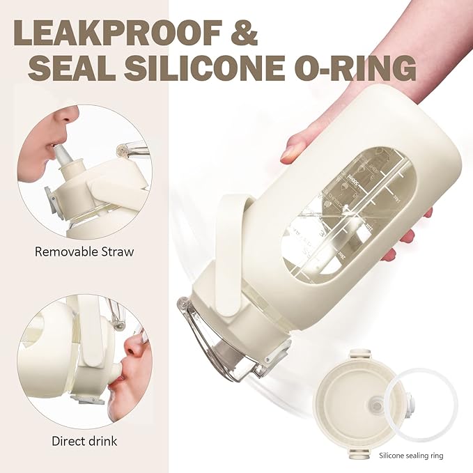 kytffu 64oz Glass Water Bottles with Straw, Half Gallon Motivational Glass Bottle with Silicone Sleeve and Time Marker, 2L Leakproof Large Glass Water Jug for Gym Home Office,White