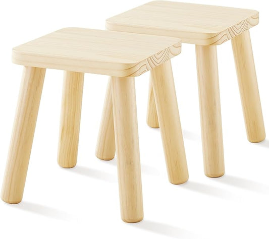 Beright Wooden Step Stools for Kids, Children's Stool fit with Sensory Table, Sturdy Sitting Stool with Assembled Four-Legged, for Children, Toddler, Square, 2 Pack