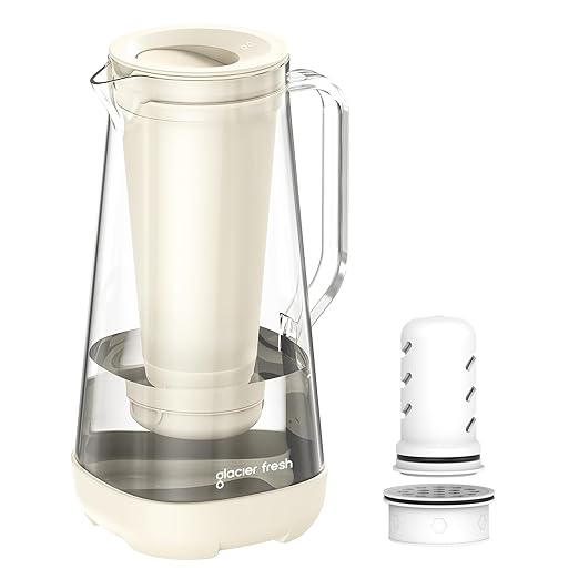 GLACIER FRESH Glass Water Pitcher for Tap and Drinking Water with Membrane and Activated Filter, Reduces Chlorine and Lead Taste, Food Grade and BPA Free Materials, 7-Cup, White