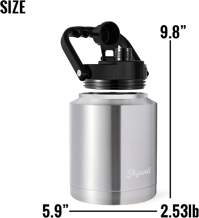 SkyWell 64 Oz Insulated Water Bottle Sleeve and Cup Kit Wide Mouth Water Flask Sweat-Proof and Leak-Proof Half Gallon Water Jug for Outdoors, Silver Kit