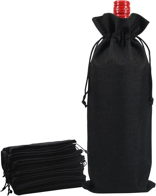Shintop 10pcs Jute Wine Bags, 14 x 6 1/4 inches Hessian Wine Bottle Gift Bags with Drawstring for Party Halloween Festival Gift Favors (Black)
