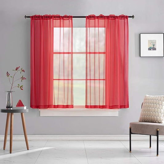 Red Sheer Voile Curtains Short Translucent Solid Color 45 Inch Length Panels Rod Pocket Red Sheers 45 inches long for Small Window Kitchen 2 Panels 52x45