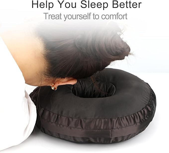Silky Ear Piercing Pillows with Holes Removable Pillowcase Washable Donut Pillow for Ear Pain Side Sleeping Cartilage CNH Pressure Sore Tinnitus Headphones Relief Guard Protector Black