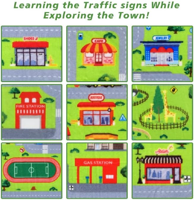 Kids Playmat Car Rug, Educational Car Rugs City Life Road Traffic Play Mat for Bedroom Play Room Game Area Non Slip Kids Foam Rug Playtime Activity Mat for Toddler Baby Boys and Girls 8 x 10