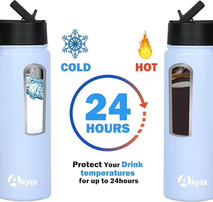 Sports Stainless Steel Water Bottle with Straw, Spout lid-24OZ -Wide Mouth Vacuum Insulated Thermos Water Bottles, Keep Water Cold/Hot, Metal Water Bottle for Biking Hiking (24 oz, Light Blue)