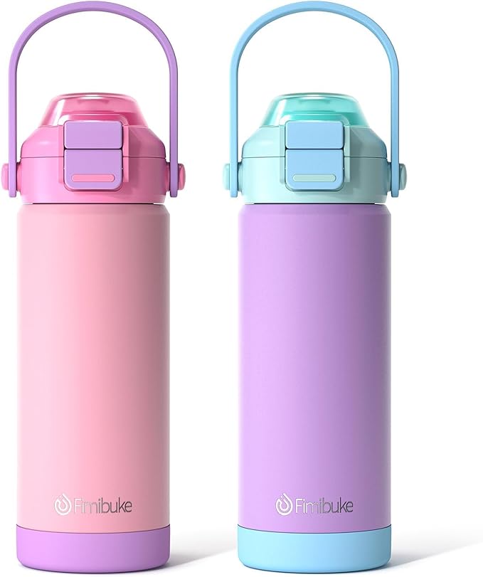 Fimibuke Kids Insulated Water Bottle with Pop-Open Straw & Spout 2-in-1 Lid, 18oz Leak Proof 18/8 Stainless Steel Vacuum Tumbler, BPA-Free Kids Cup For Travel School Boys Girls Toddler 2Packs, Macaron