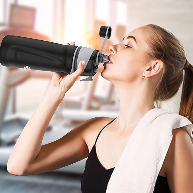 Misting Water Bottle, 24oz Insulated Water Bottle, 2-in-1 Mist & Sip Stainless Steel Water Bottles, Thermo for Hot Drinks/Cold Drinks, Sports Water Bottle for Hiking, Running, Gym, Iron Black