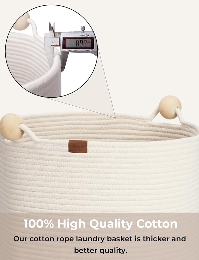 StorageWorks 72L Cotton Rope Laundry Basket with Wooden Beads Handles, Woven Basket for Storage, Dirty Clothes, Kids Toys, Towels, White & Light Brown