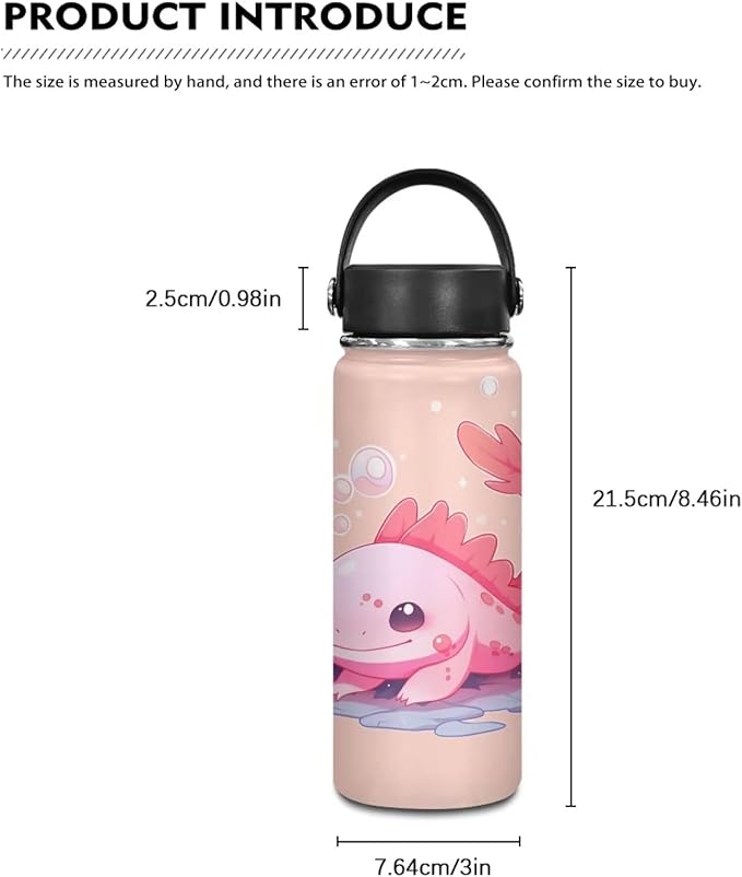 Pink Axolotl Stainless Steel Water Bottle with Handle 20 Oz Vacuum Stainless Steel Reusable Leak & Sweat Proof Gym Sports Travel Water Bottle