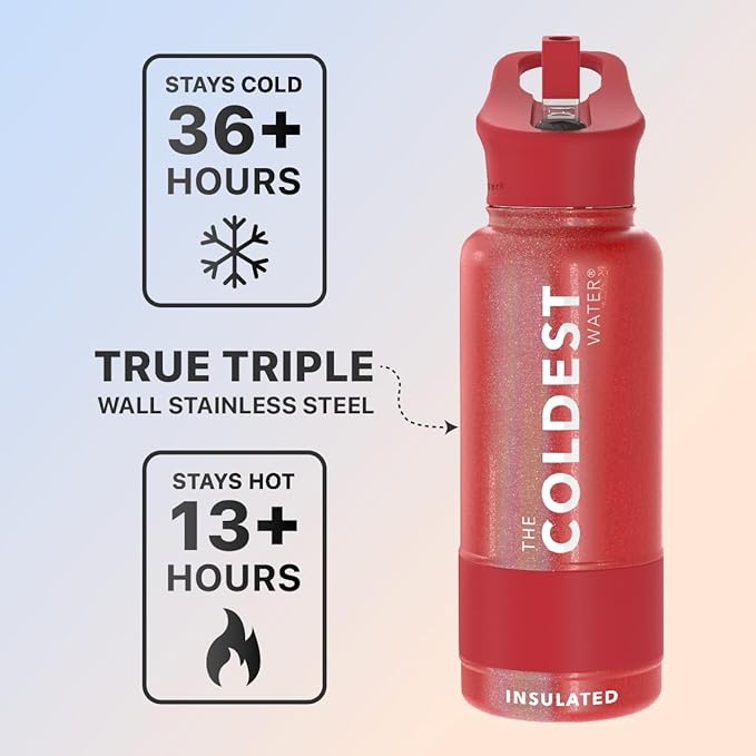 Coldest Sports Water Bottle with Straw Lid Vacuum Insulated Stainless Steel Metal Thermos Bottles Reusable Leak Proof Flask for Sports Gym (32 oz, Mars Red Glitter)