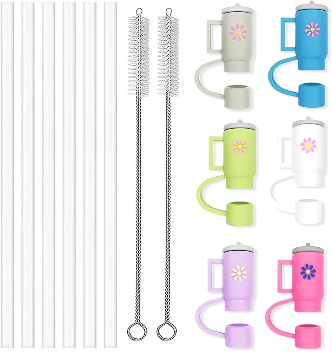 6 PCS Straws with Straw Cover Caps compatible with Stanley Adventure Quencher Tumbler, 12 Inch Straw compatible with Stanley, Straw Tips with Straws compatible with Stanley, come with 2 Brush
