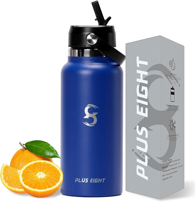 Sports Water Bottle, 32 oz Insulated Water Bottle With Straw, Stainless Steel Water Bottle Wide Mouth for Sports, Gym or Office, BPA-Free Keep Cold 24H Hot 12H (Blue)