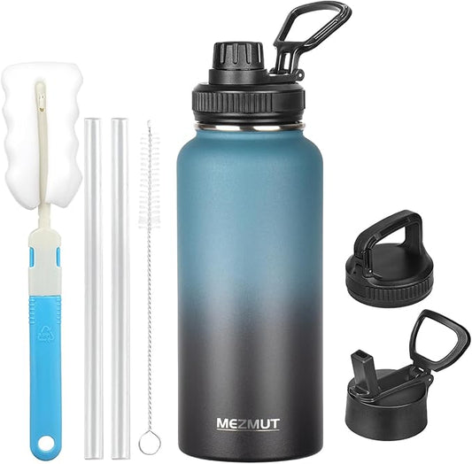 Stainless Steel Water Bottles 32oz Insulated Water Bottle with Straw&3 Lids Double Walled Sports Metal Thermos Water Bottle Cup Leak-Proof Vacuum Insulated Bottles Travel (Gradient Blue Black)