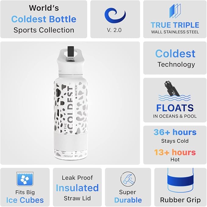 Coldest Sports Water Bottle - (Straw Lid), Leak Proof, Vacuum Insulated Stainless Steel, Hot Cold, Double Walled, Thermo Mug, Metal Canteen (32 oz, Silver Leopard)