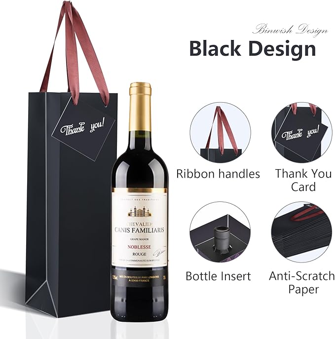 Wine Bags, 6 Packs, Strong Card Paper Wine Gift Bag with Ribbon Handles and Thank You Card, 4-3/8x 4 x 14" Fit 750ml Wine Bottle or Champagnes - Black 6