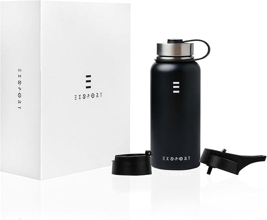 Stainless Steel Water Bottle - 32 Oz Water Bottle with Straw Lid, Coffee Lid, and Wide Mouth Lid - Double Insulated Water Bottle - Metal Water Bottle - Hot and Cold Insulated Thermos - (Black)