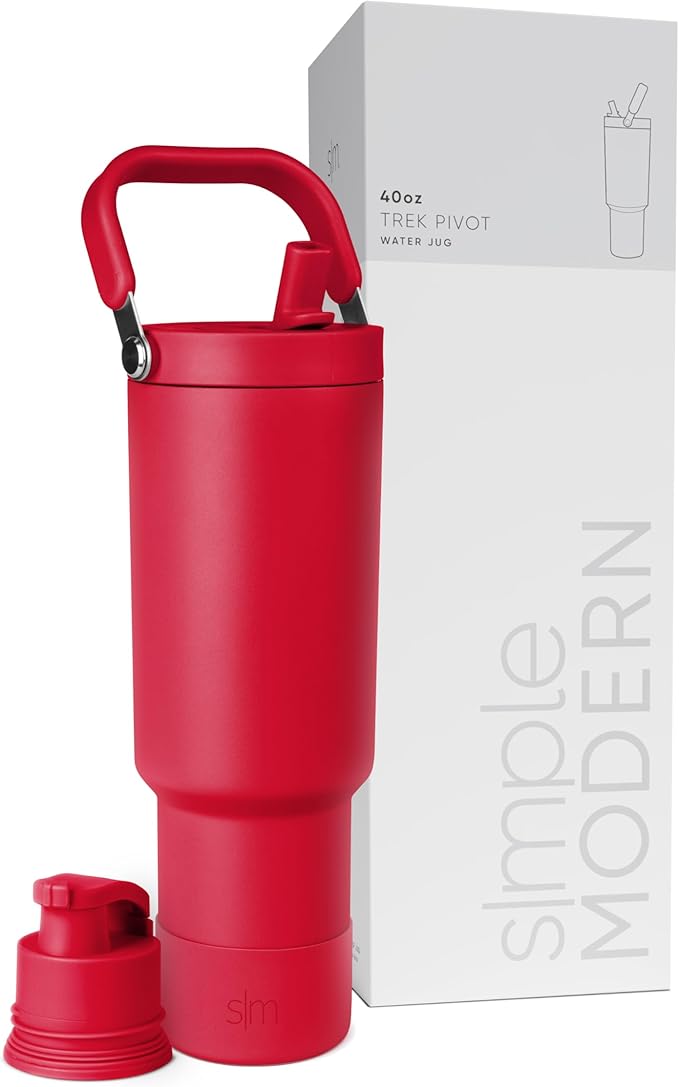 Simple Modern Trek Pivot | 40oz Flip Straw Tumbler with Handle | Water Bottle & Boot | Interchangeable Straw & Chug Lids | Insulated Stainless Steel Jug | Gym Sports Outdoors | Ember Red
